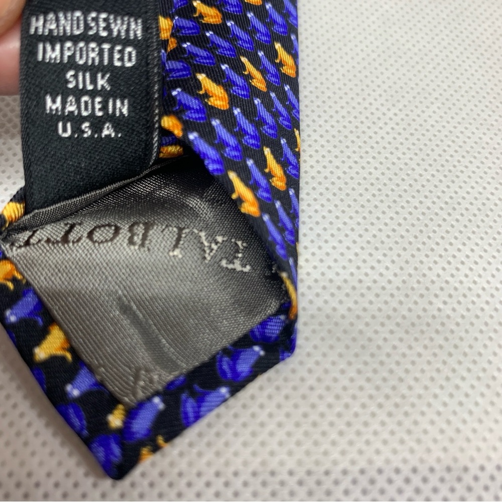 Robert Talbott men’s tie silk frog print blue gold 60 inches hand sewn in USA - Picture 4 of 7